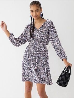 J. Crew Navy Blue Floral Fields V-Neck Long-Sleeve Smocked-Waist Dress SMALL